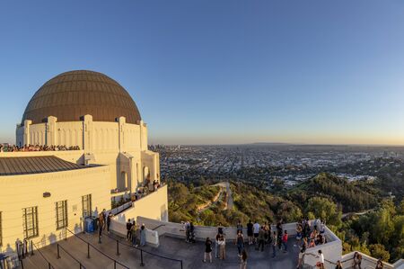 LOS ANGELES, USA - MAR 17, 2019: LOS  People at Griffith Observatory in Los Angeles in sunset time. The observatory is open to public with free entrance.のeditorial素材