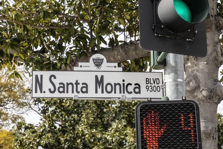 street name North Santa Monica boulevard in Beverly hills with traffic light