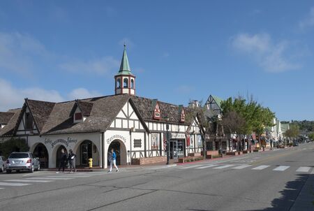 Solvang, California, USA - APRIL 22, 2019: old Main street in Solvang historic downtown, Santa Ynez Valley in Santa Barbara County. A Danish Village is a popular tourist attraction.のeditorial素材