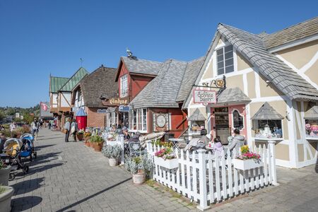 Solvang, California, USA - APRIL 22, 2019: old Main street in Solvang historic downtown, Santa Ynez Valley in Santa Barbara County. A Danish Village is a popular tourist attraction.のeditorial素材