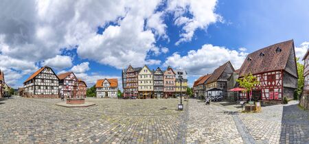 Neu Anspach, Germany - June 2, 2019: market place at Hessenpark in Neu Anspach. Since 1974, more than 100 endangered buildings have been re-erected at the Hessenpark Open-Air Museum.のeditorial素材