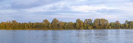 scenic river Rhine with trees seen from Eltville in the Rheingau, Germanyの写真素材