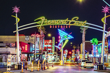 Las Vegas, Nevada - March 11, 2019: Fremont east district neon sign and traffic in Las Vegas downtown night shotのeditorial素材