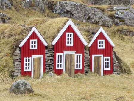 typical with moss covered roof of a house in Iceland for isolation of coldnessの写真素材