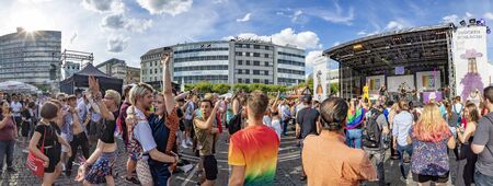 Frankfurt, Germany - July 21, 2019: people listen to the music performed at Christopher street day in Frankfurt.のeditorial素材