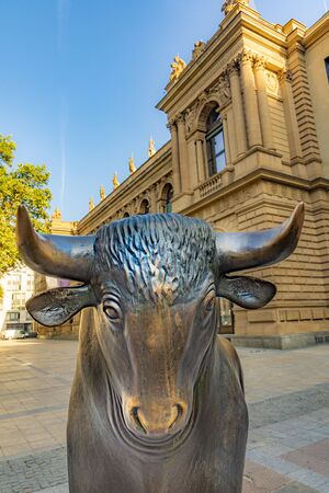 Frankfurt, Germany - July 23, 2019:  Bull and Bear Statues at the Frankfurt Stock Exchange in Frankfurt, Germany. Frankfurt Exchange is the 12th largest exchange by market capitalization.のeditorial素材