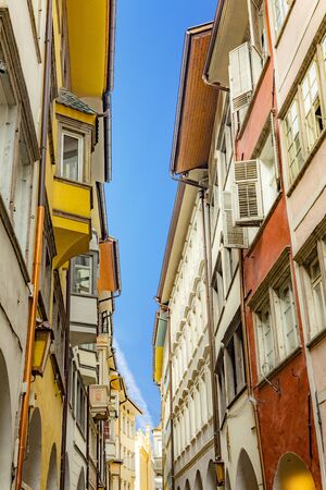 Bolzano, Italy - August 5, 2019: pedestrian zone street in Bolzano with traditional typical antique...