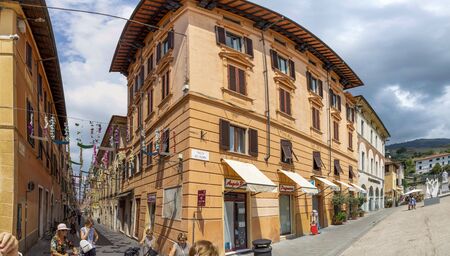 Pietrasanta, Italy - August 8, 2019: scenic central market place in Pietrasanta with cathedral.のeditorial素材