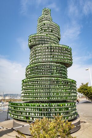 Gijon, Spain - Spain - September 9, 2019:   Monument made with cider bottles in Gijon, Spain.のeditorial素材