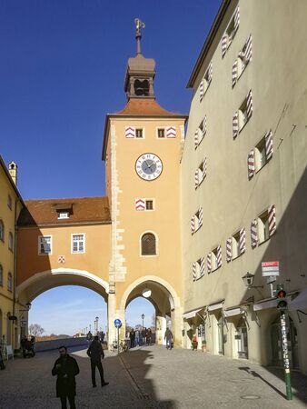 Regensburg, Germany - February 13, 2019: panoramic view to central market place in Regensburg, Germany.のeditorial素材