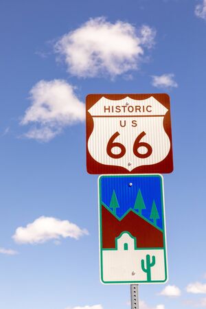 Golden Valley, USA - March 7, 2019: Route 66 sign under clear blue sky in Golden valley.のeditorial素材