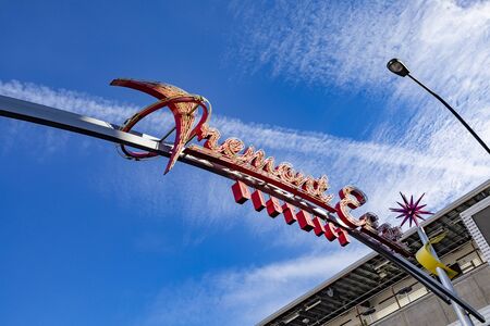 Las Vegas, USA  - March 3, 2019: Fremont East District of Las Vegas at dawn. It is among the most famous streets in the Las Vegas Valley. Vegas neon sign.のeditorial素材