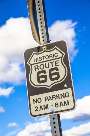 Williams, USA - March 7, 2019: Route 66 sign under clear blue sky in Williams.のeditorial素材