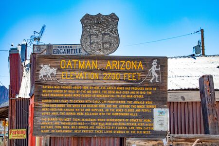 Oatman, USA - Mar 7, 2019: entrance sign of Oatman, the historic small town at Route 66.のeditorial素材