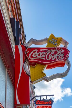 Williams, USA - March 7, 2019: old Coca Cola sign at a restaurant at historic Route 66.のeditorial素材