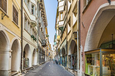 Bolzano, Italy - August 2, 2009: famous central shopping mile the historic Laubengasse in Bolzano, Italy.のeditorial素材