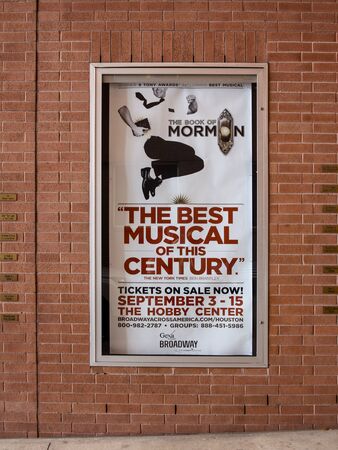 Houston, USA - July 11, 2013: advertising for the musical The book of Mormon in Houston, Texas, USA.のeditorial素材
