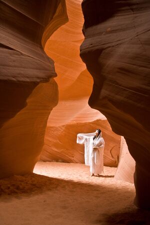 Page, USA - July 14, 2008: a japanese singer performs in the famous slot canyon in Page, USA.のeditorial素材