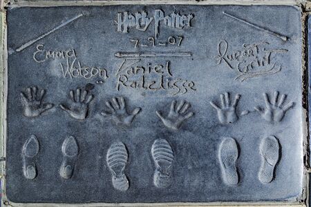 Los Angeles, USA - June 26, 2012: handprints of stars in Hollywood in the concrete of Chinese Theatre's forecourts.  There are nearly 200 celebrity handprints in the concrete of Chinese Theatre's forecourt.のeditorial素材