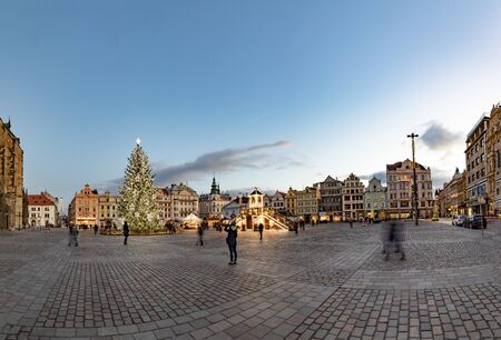 Pilsen, Czech Republic - December 31, 2019:  Romantic winter Christmas market with food stalls at Republic Square, Pilsenのeditorial素材
