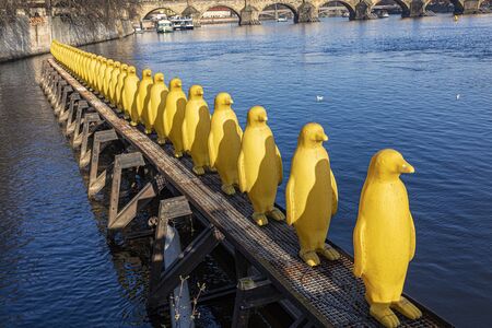 Prague, Czech Republic - January 1, 2020: A series of playful yellow penguins share a serious message about the environment in Prague.のeditorial素材