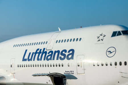 Frankfurt, Germany - March 19, 2020: Lufthansa Flight with Boeing 747 is ready for loading at Frankfurt airport.のeditorial素材