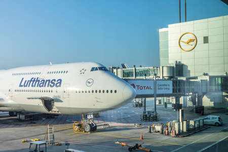 Frankfurt, Germany - March 19, 2020: Lufthansa Flight with Boeing 747 is ready for loading at...