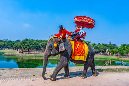 Ayutthaya, Thailand - December 23, 2009:  tourists ride on an elephant in the Historical Park in Ayutthaya, Thailand. It is called a must in Ayutthaya and costs about 1000 BATH for 30 min.のeditorial素材
