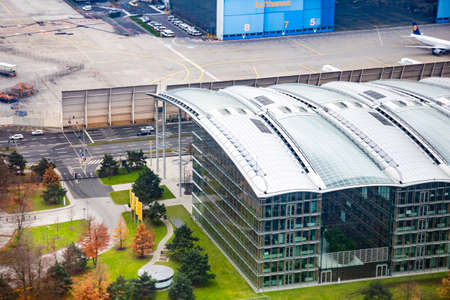 Frankfurt, Germany - December 6, 2014: aerial of entrance of the new headquarter building of Lufthansa in Frankfurt, Germany.のeditorial素材