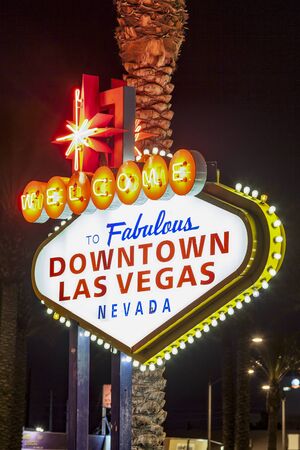 The Welcome to Fabulous Downtown Las Vegas sign by nightの写真素材