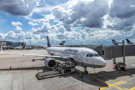 Frankfurt, Germany - June 8, 2020: Lufthansa aircraft at ground ready for boarding during the...