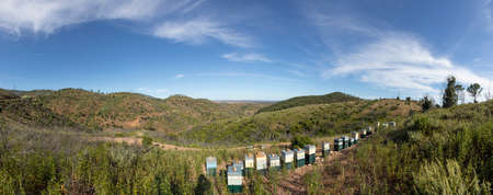 mountain landscape at the Algarve in Monquique mountains with beehive and green portugese hilly...