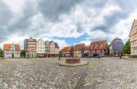 Neu Anspach, Germany - July 17, 2020: market place at Hessenpark in Neu Anspach. Since 1974, more than 100 endangered buildings have been re-erected at the Hessenpark Open-Air Museum.のeditorial素材