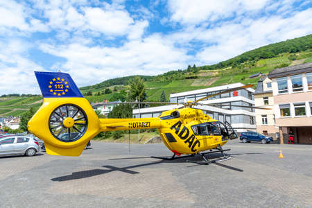 Zell, Germany - July 25, 2020:  rescue operation, german rescue helicopter, ADAC, Christoph 77, on the ground.のeditorial素材