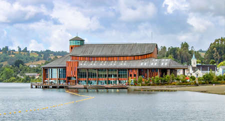 Frutillar, Chile - January 30, 2018: wooden theater and Restaurant in Frutillar at the lake Llanquihue.のeditorial素材