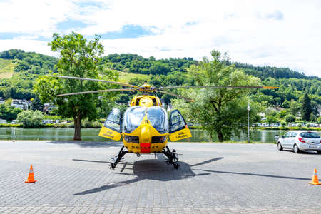Zell, Germany - July 25, 2020:  rescue operation, german rescue helicopter, ADAC, Christoph 77, on the ground.のeditorial素材
