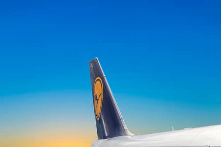 Frankfurt, Germany - March 9, 2020: Lufthansa aircraft at airport Frankfurt under blue sky.