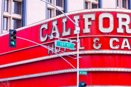 Las Vegas, USA - March 10, 2019: signage 1st street in Las Vegas at the old part of the casino mile with california Hotel and casino in background.のeditorial素材