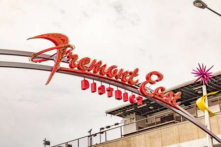 Las Vegas, USA - March 10, 2019: entrance of Fremont east with lots of old historic neon signs at the original old part in Las Vegas.のeditorial素材