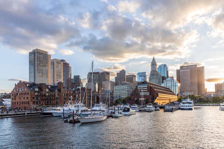 Boston, USA - September 29, 2017: View to skyline of Boston with old harbor in dawn.のeditorial素材