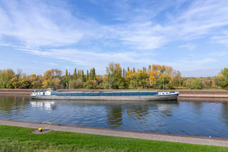 cargo ship at river Main in Gustavsburg, Germany.
