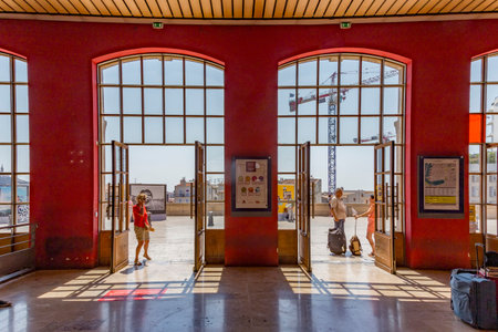 Marseilles, France - July 10, 2015: people at entrance of Train station Saint Charles in Marseilles, France.のeditorial素材