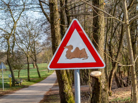 Schwalbach, Germany - March 22, 2015: camel crossing sign with funny camel at the pedestrian walking trail in Schwalbach.のeditorial素材