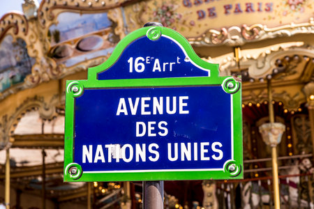 street sign avenue des nations unies - street of the united nations - in Paris, France on a sunny dayの写真素材