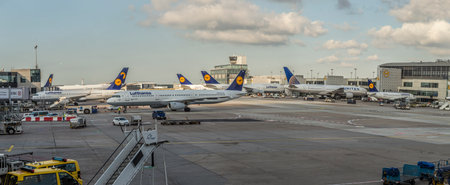Frankfurt, Germany - July 6, 2015: Boarding Lufthansa Jet airplane in Frankfurt airport. Lufthansa...