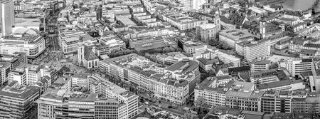 Frankfurt, Germany - May 2, 2015: Panorama of Frankfurt am Main with skyscrapers and shopping mile Zeil.のeditorial素材