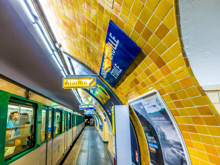 Paris, France - June 12, 2015: Paris metro underground Charles de Gaulle place etoile station tube. Paris Metro is one of the biggest metro systems in the world.のeditorial素材