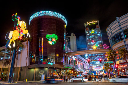 Las Vegas, USA - March 9, 2019: The famous Fremont Street Hacienda Horse and Rider sign glows brightly after a full restorationin Las Vegas, Nevada.のeditorial素材