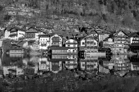 Hallstatt, Austria - April 22, 2015: Hallstatt town with traditional wooden houses, Austria, Europeのeditorial素材