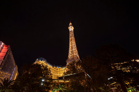 Las Vegas, Nevada, USA - March 10, 2019: Paris Las Vegas hotel and casino at night in Las Vegas, Nevada, USA.のeditorial素材